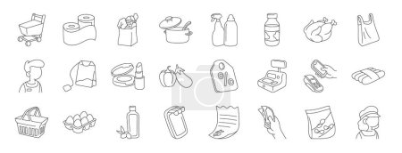 set of 24 outline web supermarket icons such as trolley cart, toilet paper, paper bag, cooking pot, cleaning products, milk bottle, roast chicken vector icons for report, presentation, diagram, web