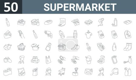 Set von 50 umrissenen Web-Supermarkt-Symbolen wie Bier, Süßigkeiten, Make-up, Brot, Quittung, Gutschein, Eiervektor dünne Symbole für Bericht, Präsentation, Diagramm, Webdesign, mobile App.