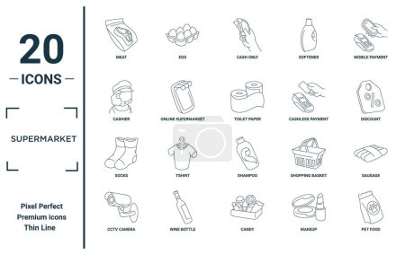 supermarket linear icon set. includes thin line meat, cashier, socks, cctv camera, pet food, toilet paper, sausage icons for report, presentation, diagram, web design