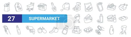 set of 27 outline web supermarket icons such as paper bag, discount, trolley cart, crisps, wallet, beer, milk box, sales assistant vector thin line icons for web design, mobile app.