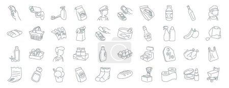 set of 40 outline web supermarket icons such as cctv camera, sausage, oil bottle, receipt, fruits, cashier, mobile payment icons for report, presentation, diagram, web design, mobile app