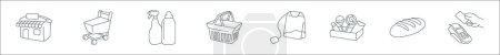 Ilustración de Esquema conjunto de iconos de línea de supermercado. iconos de vectores lineales como supermaket, carro de la carretilla, productos de limpieza, cesta de la compra, bolsa de té, dulces, pan, pago sin efectivo - Imagen libre de derechos