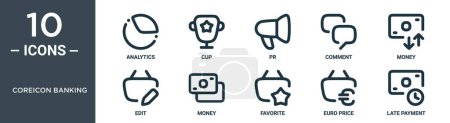 coreicon banking outline icon set enthält Thin Line Analytics, cup, pr, comment, money, edit, money icons for report, präsentation, diagram, web design