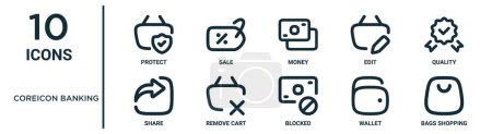 coreicon banking outline icon set such as thin line protect, money, quality, remove cart, wallet, bags shopping, share icons for report, presentation, diagram, web design