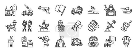 Set von 24 umrissenen Web-Symbolen der Streitkräfte wie Militärradio, Rakete, Kurzwaffe, Fahnenschwenken, Militärfahrzeug, Flugzeugfahne, Infanterievektorsymbole für Bericht, Präsentation, Diagramm, Web