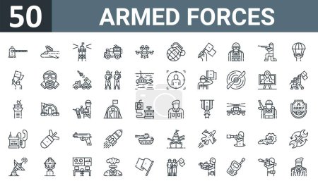 Illustration for Set of 50 outline web armed forces icons such as check point, airplane flag, observation post, military vehicle, airplane flag, grenade, waving flag vector thin icons for report, presentation, - Royalty Free Image
