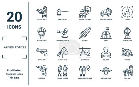 armed forces linear icon set. includes thin line assault rifle, paratrooper, short gun, bazooka, hine gun, rocket, bunker icons for report, presentation, diagram, web design