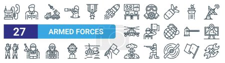 set of 27 outline web armed forces icons such as military radio, soldier, missile, gas mask, soldier saluting flag, infantry, nuclear weapon, aircraft maintenance vector thin line icons for web