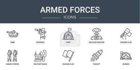 set of 10 outline web armed forces icons such as tank, bazooka, tent, nuclear weapon, waving flag, armed forces, military radio vector icons for report, presentation, diagram, web design, mobile app