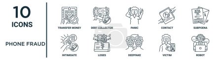Telefon Betrug umreißen Symbolset wie dünne Linie Überweisung Geld, Panik, Vorladung, verliert, Opfer, Roboter, einschüchtern Symbole für Bericht, Präsentation, Diagramm, Web-Design