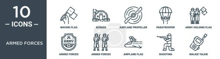 armed forces outline icon set includes thin line waving flag, bunker, airplane propeller, paratrooper, army holding flag, armed forces, armed forces icons for report, presentation, diagram, web
