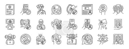 set of 24 outline web phone fraud icons such as report, install, fake, bank account, debt, scam, conscious vector icons for report, presentation, diagram, web design, mobile app