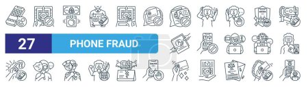 Illustration for Set of 27 outline web phone fraud icons such as applications, transfer money, money laundering, panic, install, deceive, credit card, from vector thin line icons for web design, mobile app. - Royalty Free Image