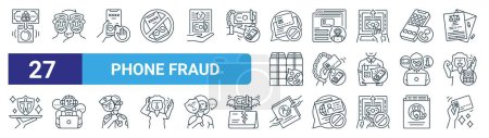 set of 27 outline web phone fraud icons such as money laundering, deepfake, reciever, scam, debt, robot, contact, credit card vector thin line icons for web design, mobile app.