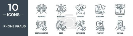 Illustration for Phone fraud outline icon set includes thin line deepfake, insurance, deceive, subpoena, loses, debt collector, debt icons for report, presentation, diagram, web design - Royalty Free Image