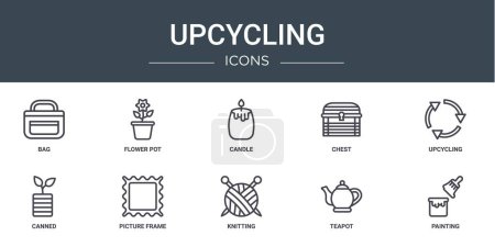 set of 10 outline web upcycling icons such as bag, flower pot, candle, chest, upcycling, canned, picture frame vector icons for report, presentation, diagram, web design, mobile app