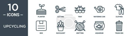 upcycling conjunto de iconos esquema incluye plantador de línea delgada, corte, bandeja, regadera, ropa, caja, iconos suculentos para el informe, presentación, diagrama, diseño web