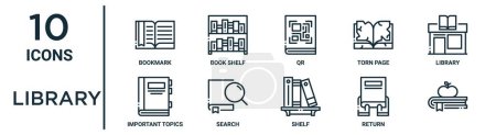 Bibliothek umreißt Symbolset wie dünne Linie Lesezeichen, qr, Bibliothek, Suche, Rückkehr,, wichtige Themen Symbole für Bericht, Präsentation, Diagramm, Webdesign