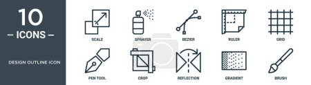 design outline icon outline icon set includes thin line scale, sprayer, bezier, ruler, grid, pen tool, crop icons for report, presentation, diagram, web design