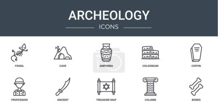 Illustration for Set of 10 outline web archeology icons such as fossil, cave, amphora, colosseum, coffin, profession, ancient vector icons for report, presentation, diagram, web design, mobile app - Royalty Free Image