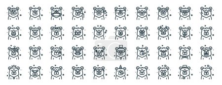 Téléchargez les illustrations : Jeu de 40 icônes de personnage d'ours de toile de contour telles que sourire, rire, blessé, roi, malade, sueur, icônes de lunettes de soleil pour rapport, présentation, diagramme, conception Web, application mobile - en licence libre de droit