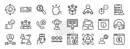 conjunto de 24 iconos de experiencia del cliente web esquema tales como actividades, descuento, búsqueda de pago, cliente enojado, paquete, calificación, iconos de vector de respuesta para el informe, presentación, diagrama, diseño web,