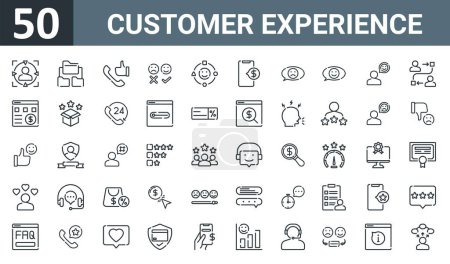 set of 50 outline web customer experience icons such as target, use case, customer experience, survey, activities, payment, bad review vector thin icons for report, presentation, diagram, web