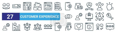 Satz von 27 umreißen Web-Kundenerfahrung Symbole wie Kundenerfahrung, Rabatt, bezahlter Service, Einkaufstasche, schlechte Bewertung, Zufriedenheit, Abonnement, Feedback-Vektor dünne Linie Symbole für Web