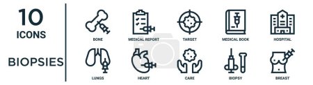 Téléchargez les illustrations : Ensemble d'icônes de contour de biopsies telles que os mince, cible, hôpital, cœur, biopsie, sein, icônes de poumons pour rapport, présentation, diagramme, conception Web - en licence libre de droit