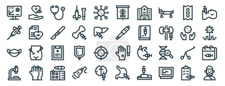 Satz von 40 umrissenen Web-Biopsien Symbole wie Behandlung, Nadel, medizinische Maske, Mikroskop, Pflege, Hals, Röntgensymbole für Bericht, Präsentation, Diagramm, Webdesign, mobile App