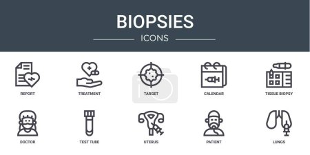 set of 10 outline web biopsies icons such as report, treatment, target, calendar, tissue biopsy, doctor, test tube vector icons for report, presentation, diagram, web design, mobile app
