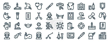 Set von 40 umrissenen Web-Biopsien Symbole wie Knochenmark, Herz, Haut, Arzt, Knochen, Blutbeutel, Gebärmuttersymbole für Bericht, Präsentation, Diagramm, Webdesign, mobile App