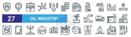 set of 27 outline web oil industry icons such as protection, gauge, toolbox, crisis, pipe, jerrycan, warming, gas station vector thin line icons for web design, mobile app.