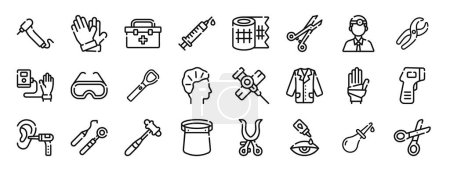 set of 24 outline web doctor equipment icons such as tooth, gloves, first, syringe, gauze, surgery, head vector icons for report, presentation, diagram, web design, mobile app