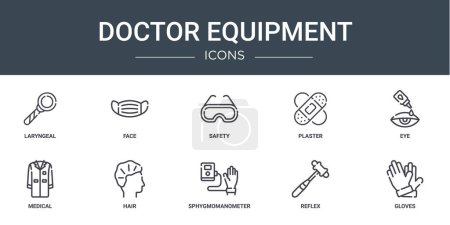 set of 10 outline web doctor equipment icons such as laryngeal, face, safety, plaster, eye, medical, hair vector icons for report, presentation, diagram, web design, mobile app