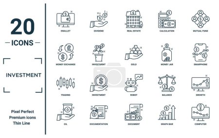 investment linear icon set. includes thin line ewallet, money exchange, trading, oil, computer, gold, growth icons for report, presentation, diagram, web design