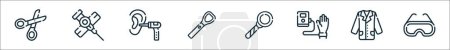 outline set of doctor equipment line icons. linear vector icons such as scissors, cannula, otoscope, tongue, laryngeal, sphygmomanometer, doctor, safety
