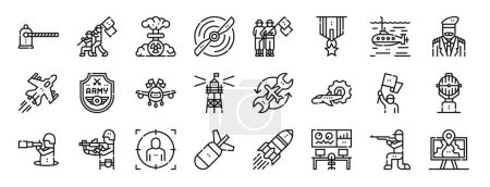 Illustration for Set of 24 outline web armed forces icons such as check point, army holding flag, nuclear weapon, airplane propeller, army holding flag, valor, submarine vector icons for report, presentation, - Royalty Free Image