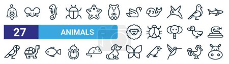 set of 27 outline web animals icons such as chicken, mouse, seahorse, whale, insect, turtle, butterfly, hippopotamus vector thin line icons for web design, mobile app.