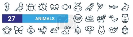 Illustration for Set of 27 outline web animals icons such as seahorse, dove, insect, cockatoo, snail, butterfly, chicken, owl vector thin line icons for web design, mobile app. - Royalty Free Image