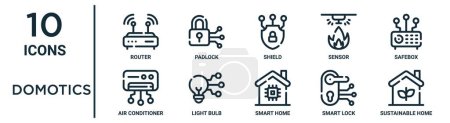 ensemble d'icônes de contour domotique telles que routeur de ligne mince, bouclier, coffre-fort, ampoule, serrure intelligente, maison durable, icônes de climatiseur pour rapport, présentation, diagramme, conception Web