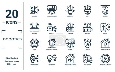 domotics linear icon set. includes thin line speaker, router, chip, smartwatch, renewable energy, safebox, home security icons for report, presentation, diagram, web design