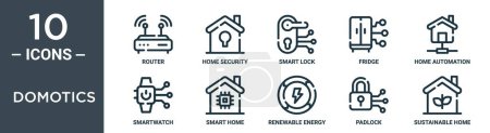 Domotik umreißt Symbolset umfasst dünne Linie Router, Sicherheit zu Hause, Smart Lock, Kühlschrank, Home Automation, Smartwatch, Smart Home Symbole für Bericht, Präsentation, Diagramm, Webdesign