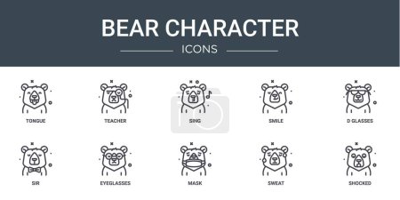 set of 10 outline web bear character icons such as tongue, teacher, sing, smile, d glasses, sir, eyeglasses vector icons for report, presentation, diagram, web design, mobile app
