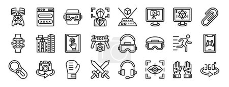 Satz von 24 umrissenen Virtual-Reality-Websymbolen wie VR-Spiel, Login, Stereoskopie, Gesichtsscanner, Holographie, Streaming, d-Modellierungsvektorsymbole für Bericht, Präsentation, Diagramm, Webdesign, mobile App