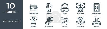 conjunto de iconos de contorno de realidad virtual incluye línea delgada estereoscópica, boxeo, cabeza, escaneo facial, juego móvil, webcam, iconos de archivo adjunto para el informe, presentación, diagrama, diseño web