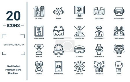 virtual reality linear icon set. includes thin line cityscape, touch screen, webcam, vr game, boxing, holographic, drone icons for report, presentation, diagram, web design