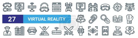 jeu de 27 icônes de réalité virtuelle web telles que console, modélisation d, kinect, gants filaires, pièce jointe, paysage urbain, montre intelligente, icônes de ligne mince vectorielle caméra d pour la conception Web, application mobile.