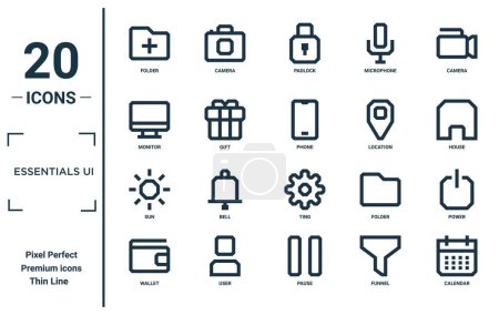 essentials ui linear icon set. includes thin line folder, monitor, sun, wallet, calendar, phone, power icons for report, presentation, diagram, web design