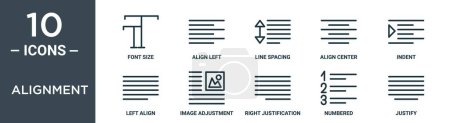 Téléchargez les illustrations : Ensemble d'icônes de contour d'alignement comprend la taille de police de ligne mince, aligner à gauche, l'espacement des lignes, aligner le centre, le tiret, aligner à gauche, icônes de réglage d'image pour rapport, présentation, diagramme, conception Web - en licence libre de droit